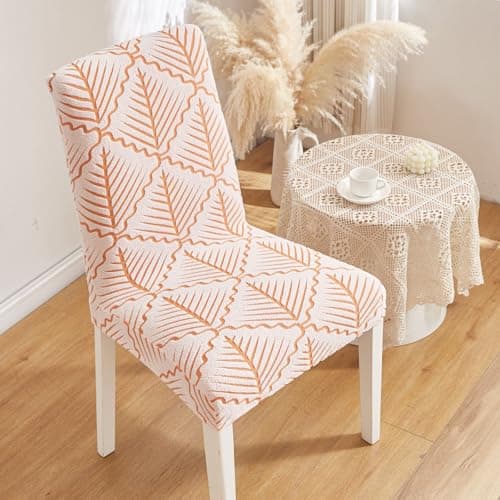 HOMETHREADS Stretchable Elastic Jacquard Chair Seat Cover | Removable, Washable & Durable Chair Protector | Ideal for Dining Room, Kitchen, Restaurant & Party Chairs (Orange, Pack of 4)