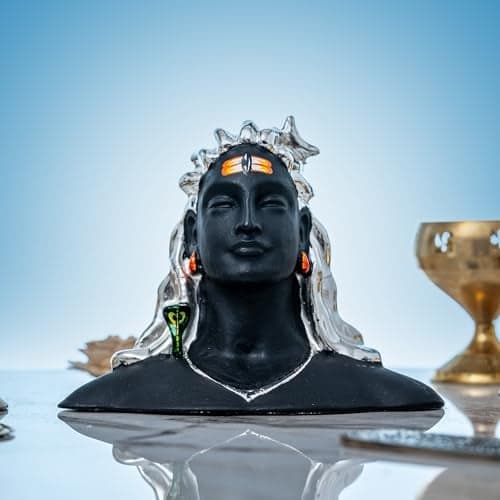 Idolkart Pure Silver Coated Adiyogi Statue for Car Dashboard and Home, Handcrafted Black Adiyogi Shiva Statue for Home, Adiyogi Sadhguru Idol - 3Inch