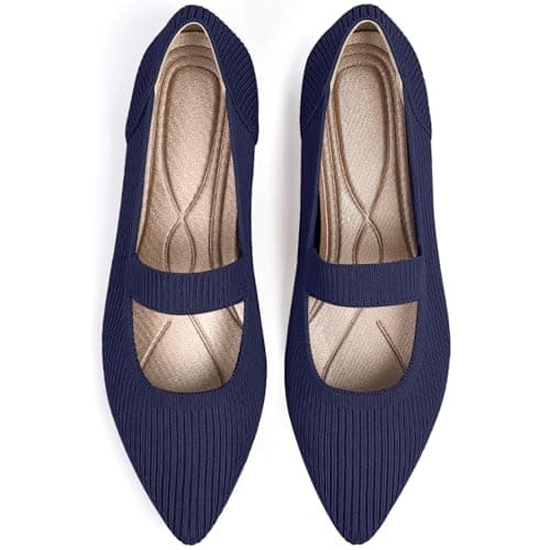 TINGRISE Women's Flats Shoes Pointed Toe Knit Washable Ballet Comfortable Dressy Mary Jane Flat Navy US6.5