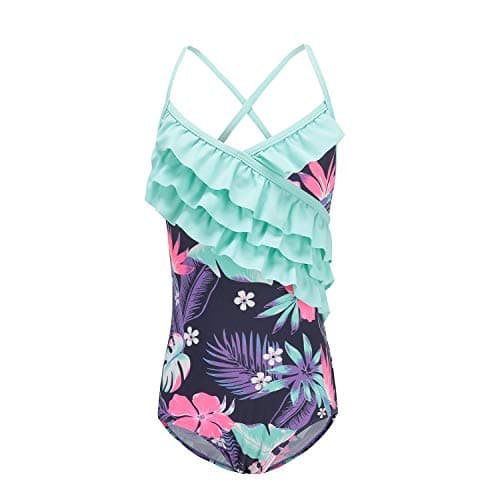 Big Girls One Piece Swimsuit Hawaiian Ruffle Swimwear Beach Bathing Suit Purple Size 14