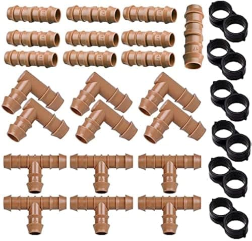 Arfun 28P Drip Irrigation Fittings Kit (17mm) for 1/2" Tubing (.600" ID), 10 Couplings, 6 Tees, 6 Elbows and 6 Tubing End Closure - Barded Connectors for Drip or Sprinkler Systems(28 Pieces Set)