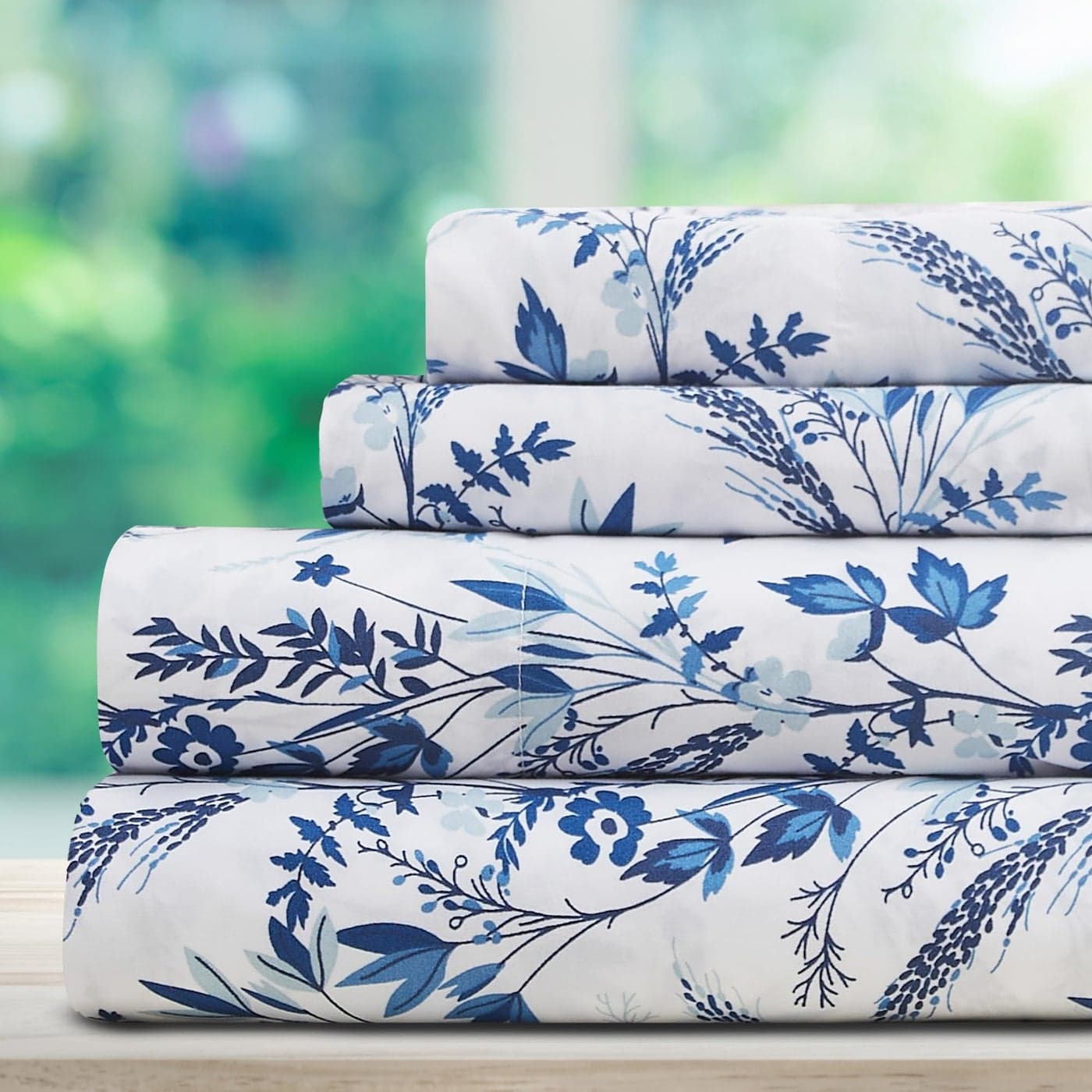 DREAMCARE Full Size Bed Sheets Luxurious Floral Full Sheet Set 4 Pc Ultra Soft Breathable Wrinkle Free Brushed Microfiber Floral Blue