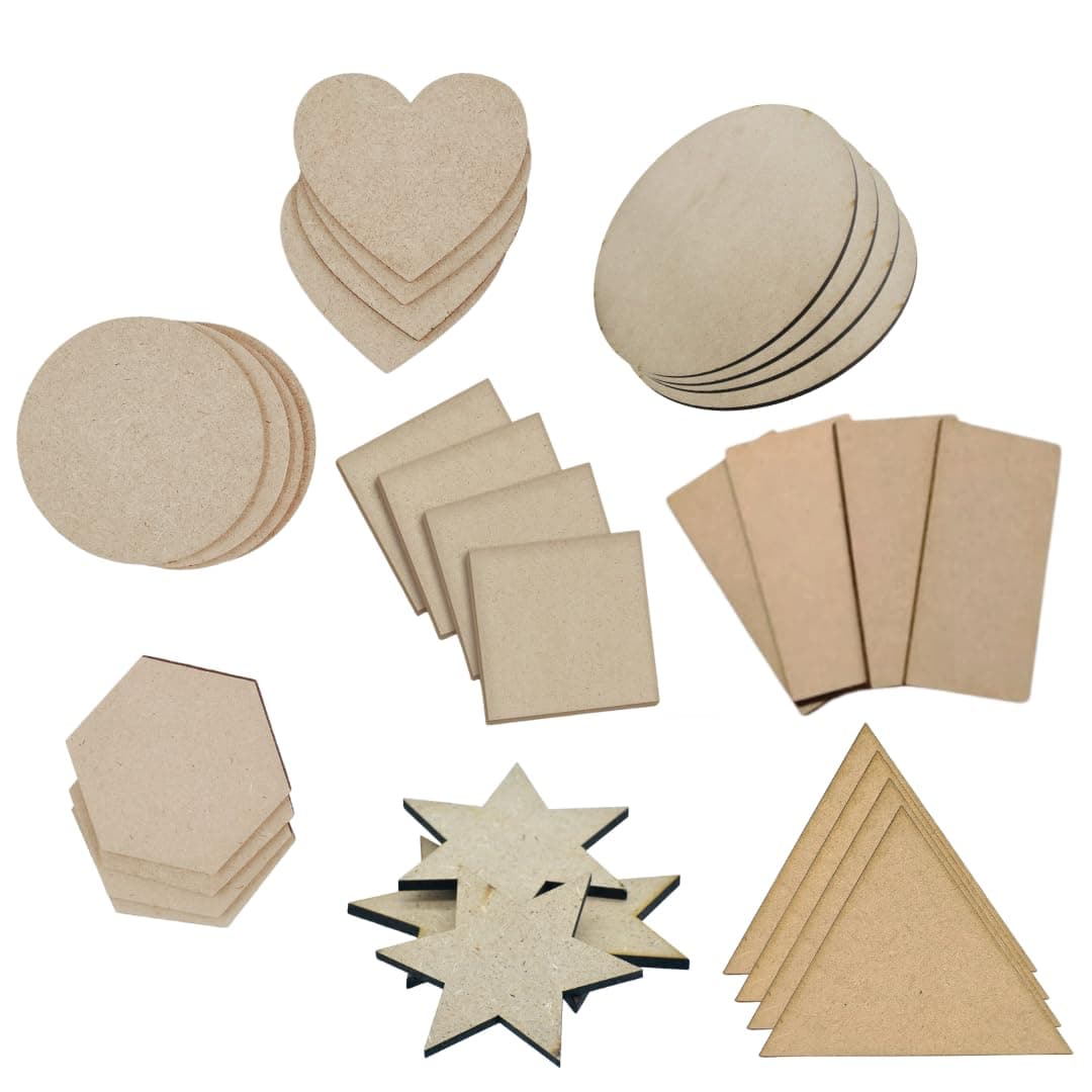 R H Lifestyle MDF Board MDF Boards for Art and Craft Small MDF Boards for Painting Lippan Art Board Wooden Coasters Wooden Keychain MDF Cutout 3 Inch Pack of 4 Each 32 Pcs