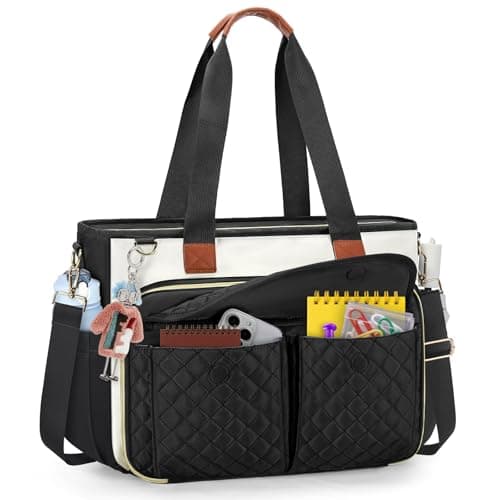 RAINSMORE Teacher Tote Bag for Women Work Bags 15.6 Inch Laptop Tote Bag with Large Cup Holder Nurse Bag Computer Handbag