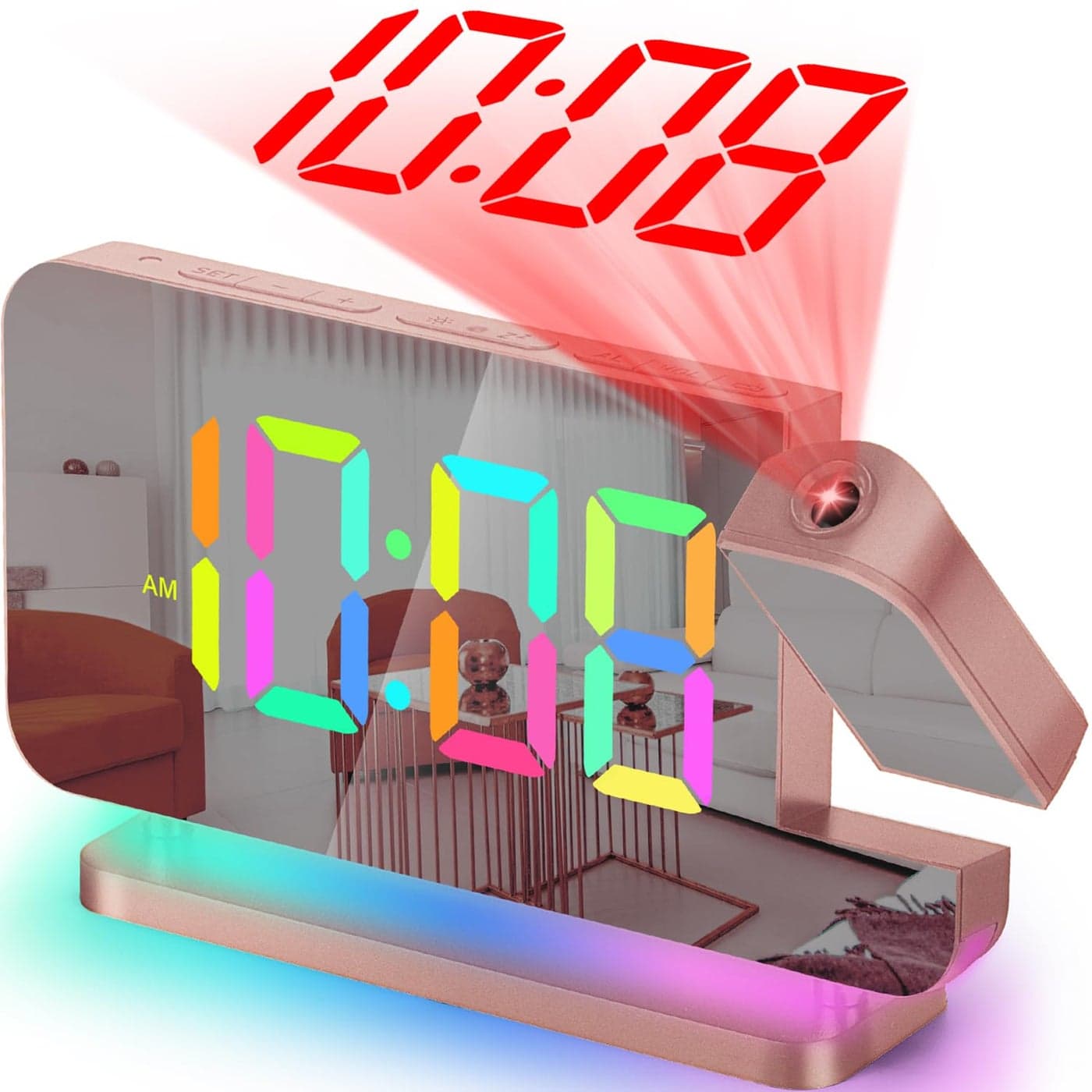 SZELAM Projection Alarm Clock74 in LED Mirror Digital Clocks Projection on Ceiling Wallwith RGB Night LightUSB C Charging PortAuto DimmingModern Desk Clock for Bedroom Decor Rose Gold