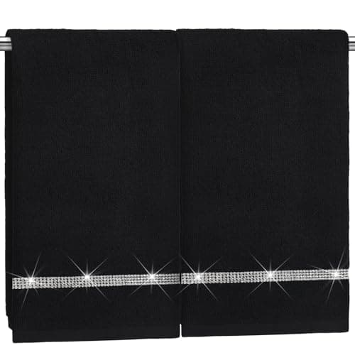 Hahafelt 2 Pcs Black Sparkling Hand Towels with Rhinestones for Bathroom 100% Cotton Glitter Soft Elegant Hand Bath Towels Absorbent Machine Washable for Spa Yoga Hotel Sport, 29.5" x 13.8"
