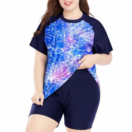 Davena Plus Size Rash Guard for Women 2 Piece Big Size Swimsuits Short Sleeve Bathing Suit with Bottom UV UPF 50+(Purple Multi Floral,1X)