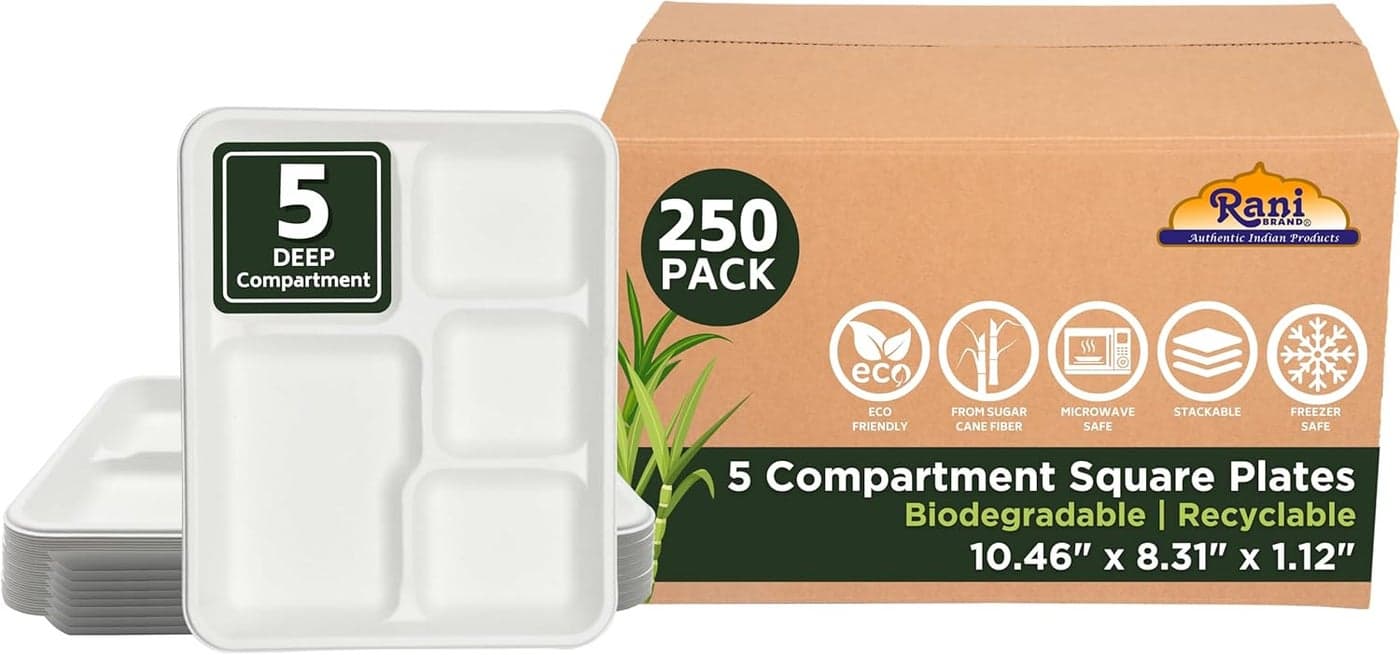 Rani 5 Deep Compartment Square Biodegradable Divided Plates Pack of 250 Party Thali Buffet Disposable EcoFriendly HeavyDuty Sturdy Paper Bagasse Premium Quality 1046 x 831 x 112