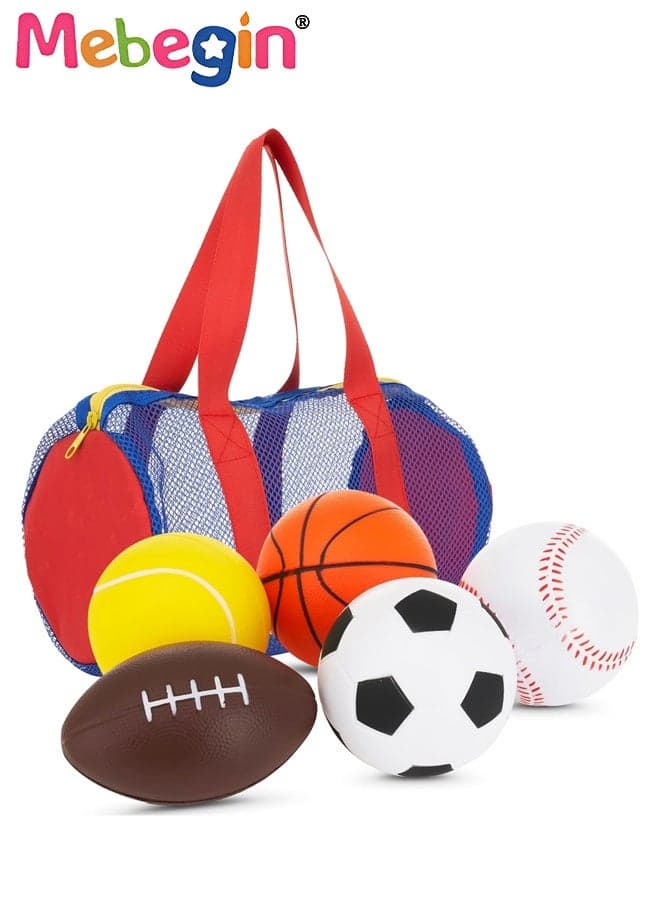 5PCS Foam Balls Set with Mesh Bag, Complete Ball Toys Set with Soccer, Basketball, Football, Baseball, and Tennis, Soft Indoor and Outdoor Toys, Ideal Gift for Kids