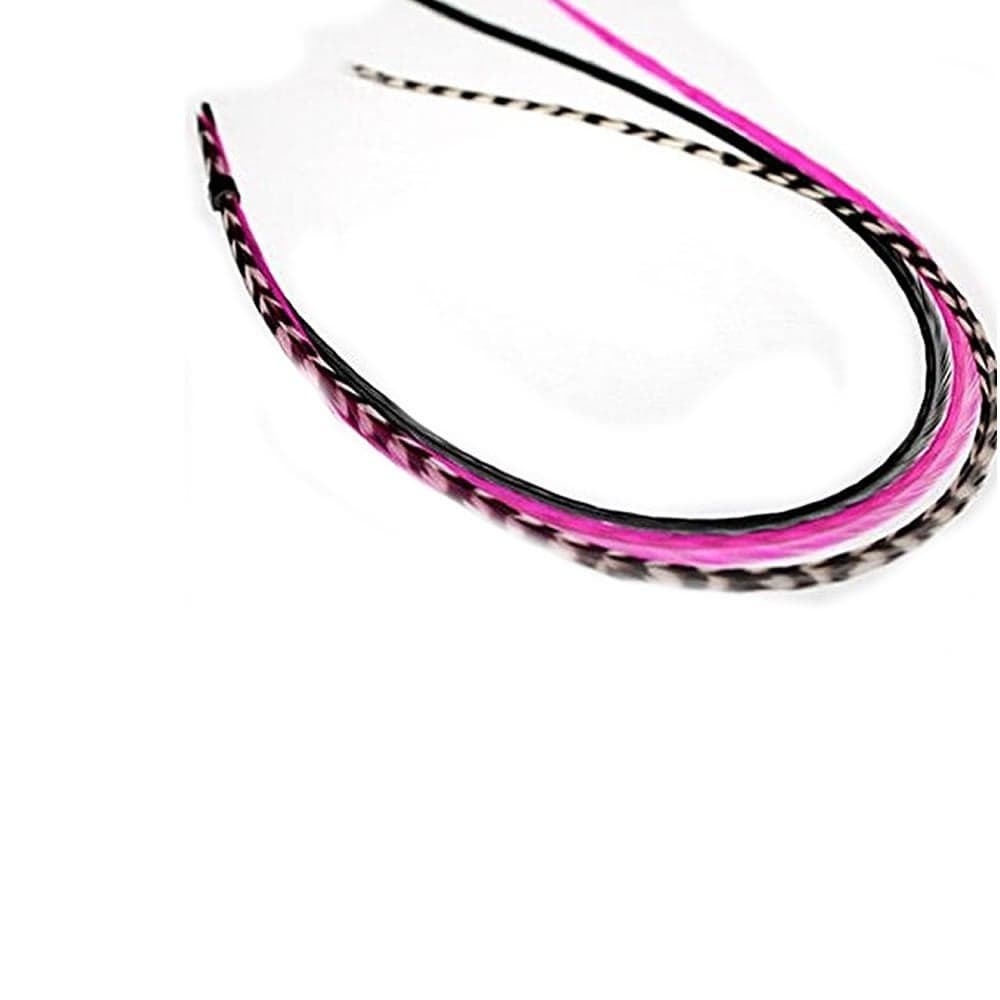 Feather Hair Extension Hot Pink Black and Grizzly Feathers All Bonded Together at the Tip Ranging From 6 to 11 Inches in Length With a Total of 5 Feathers