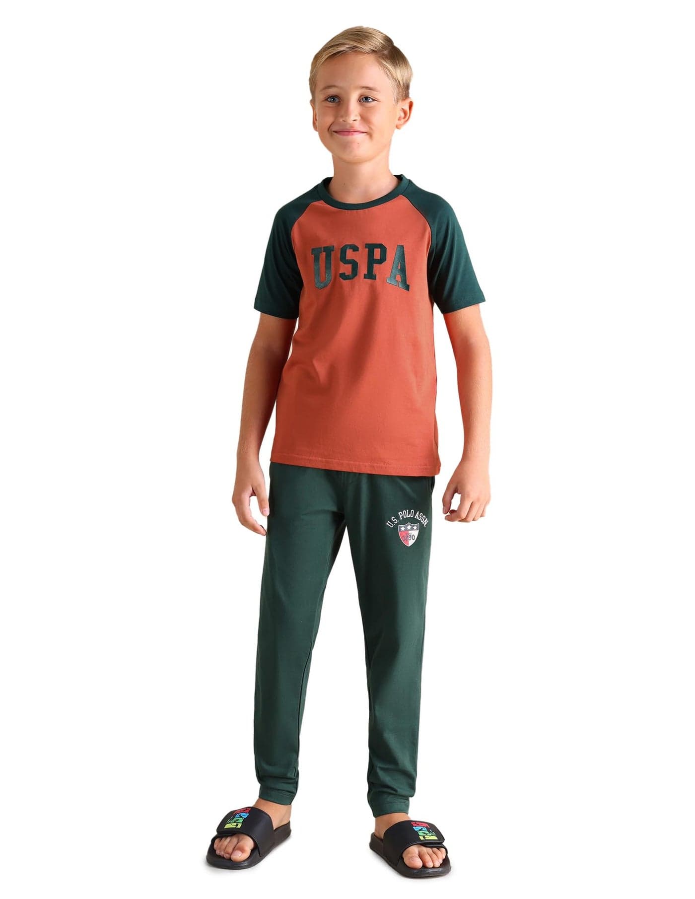 U.S. POLO ASSN. Boys Raglan Sleeve LKE01 Lounge T-Shirt - Pack of 1 (Brick Red-Green 6-8Y)