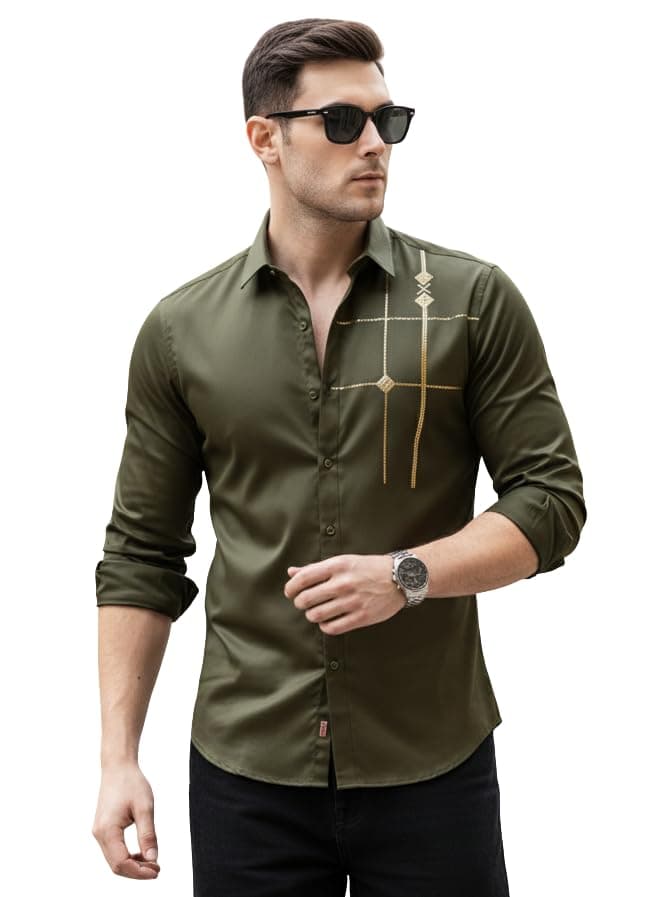 IndoPrimo Men’s Premium Satin Shirt for Party, Formal and Casual Wear – Stylish Designer Full Sleeve Shirt for Men Olive