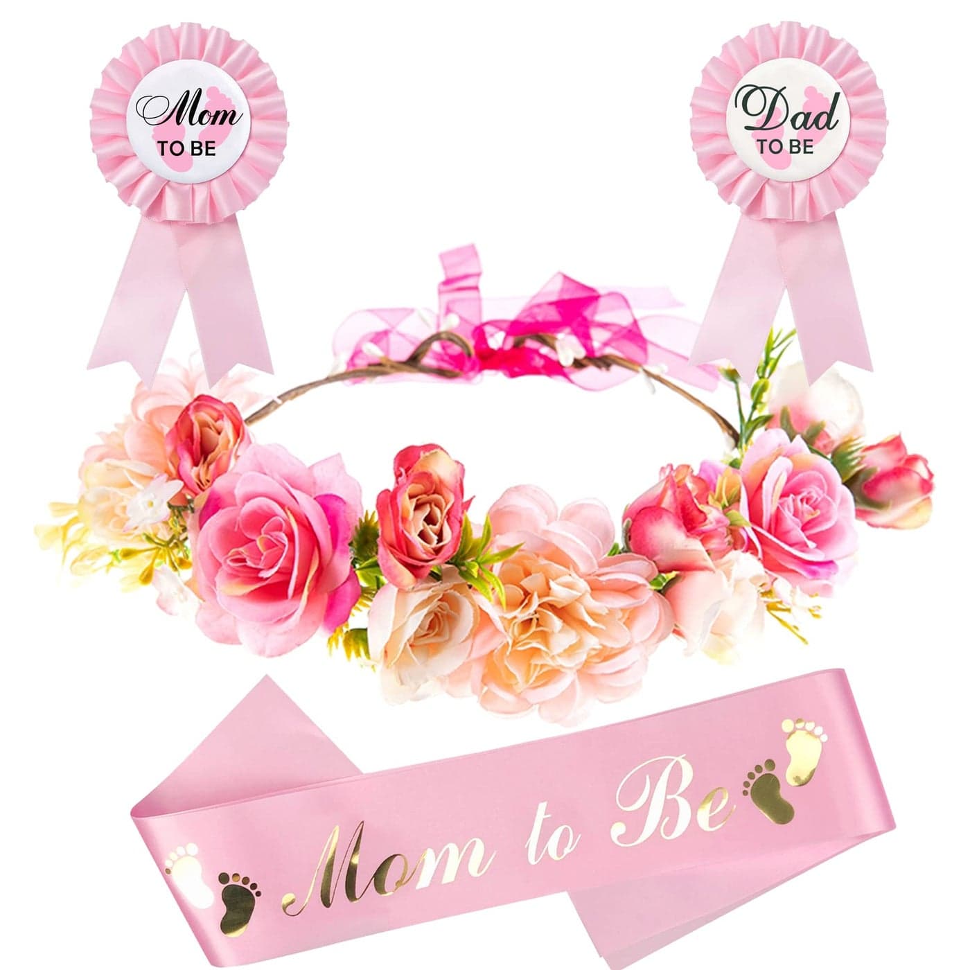 Memeyou Baby Shower Decoration Adjustable Flower Crown Tiara Mom to Be Sash and Pin Dad to Be Corsage Pin Badge Kit Party Favors for Pregnancy Parents Maternity Girl Boy Gender Reveal Pink