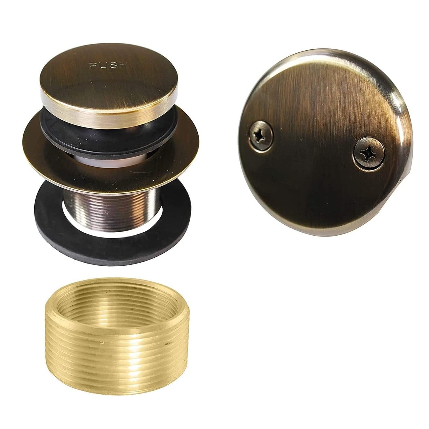 Westbrass Universal Fine or Coarse Thread Replacement Tip-Toe Strainer Drain with 2-Hole Faceplate, Antique Brass, D93K-06