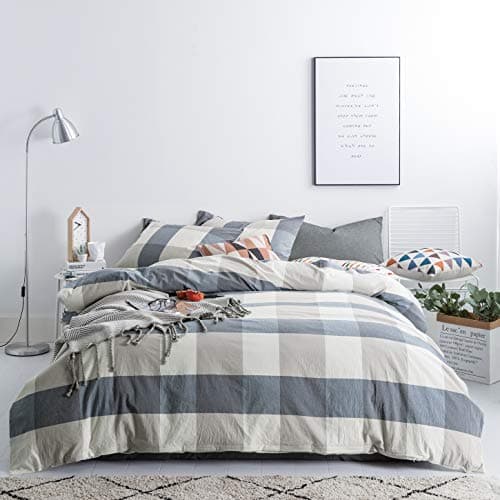 SUSYBAO Checkered Duvet Cover King 100% Washed Cotton Blue Plaid Duvet Cover 3 Pcs Set 1 Beige Grid Duvet Cover with Zipper Ties 2 Pillowcases Soft Farmhouse Buffalo Checkered Bedding Set