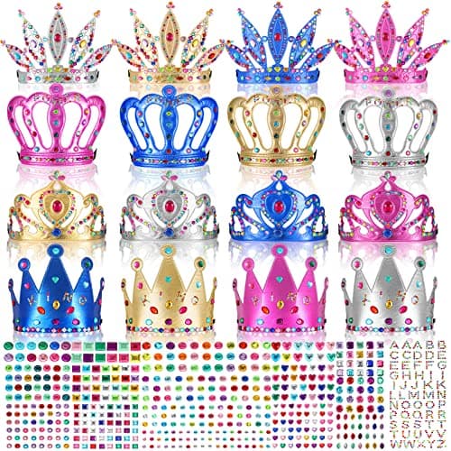 Civaner 17 Pcs Princess Party Crowns Set DIY Tiaras Making Kit for Kids with Diamond Stickers Party Favors and SuppliesRose Red Silver Blue