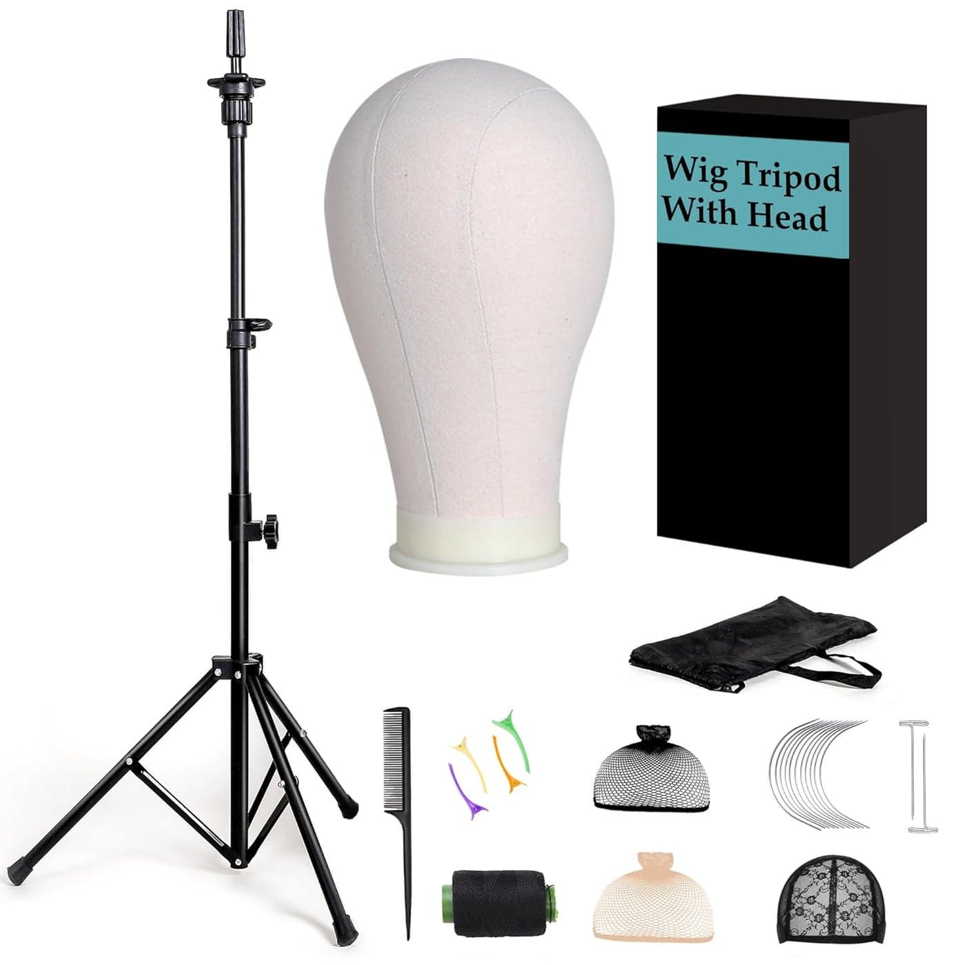 Tall Wig Tripod Stand with Head,23 Inch Wig Head Stand with Canvas Mannequin Head for Styling,Wig Making Display,with Wig Caps,T-PIN,C Needles,Clips,Carrying Bag,Comb(37.4-50.8 Inch)