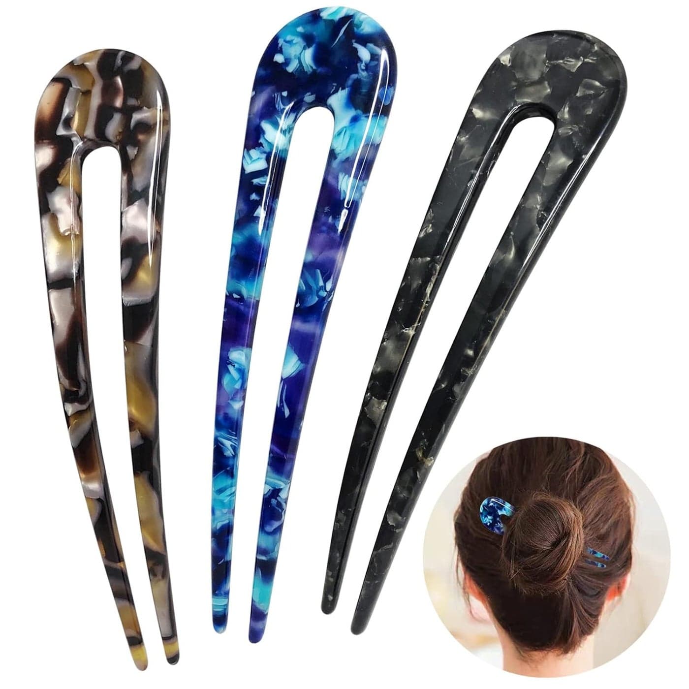 French Hair Forks Tortoise Shell U Shape Updo Hair Pins Clips for Thin Thick Hair Long Classic 2 Prong Bun Hair Sticks Chignon Women Vintage Hairstyle Accessories 3 Pack Blue Brown Black