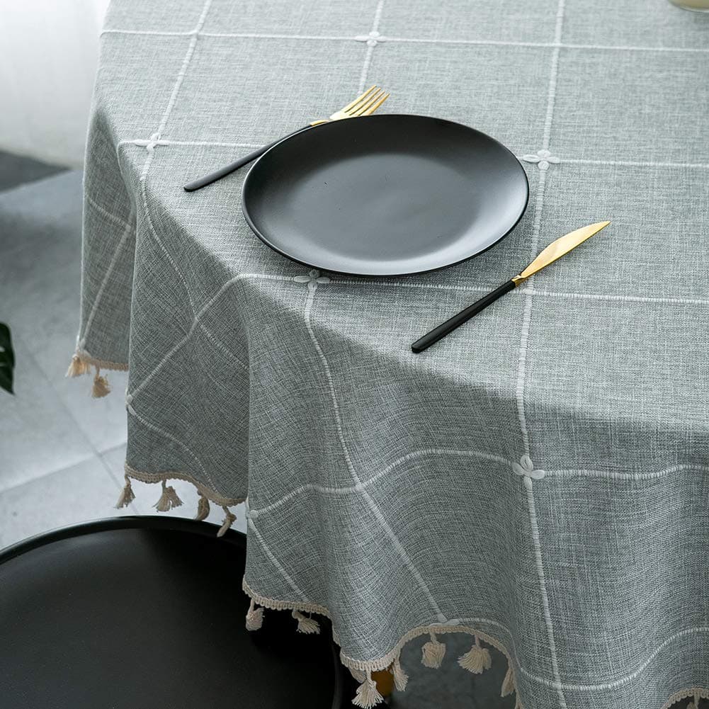 ColorBird Solid Embroidery Lattice Tablecloth Cotton Linen DustProof Gray Table Cover for Kitchen Dinning 70 Inch Round Tablecloth
