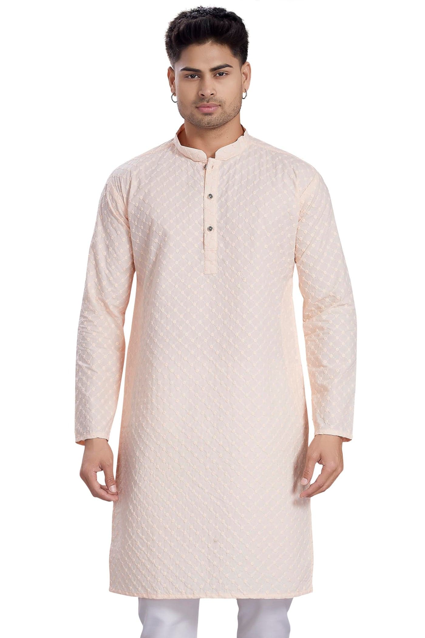 DIVISIVE Men's Thread Embroidered Cotton Only Slim Fit Kurta (DKRT640_L_Peach)
