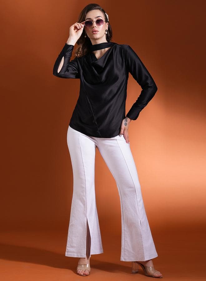 Solid Satin Cowl Neck Top — L