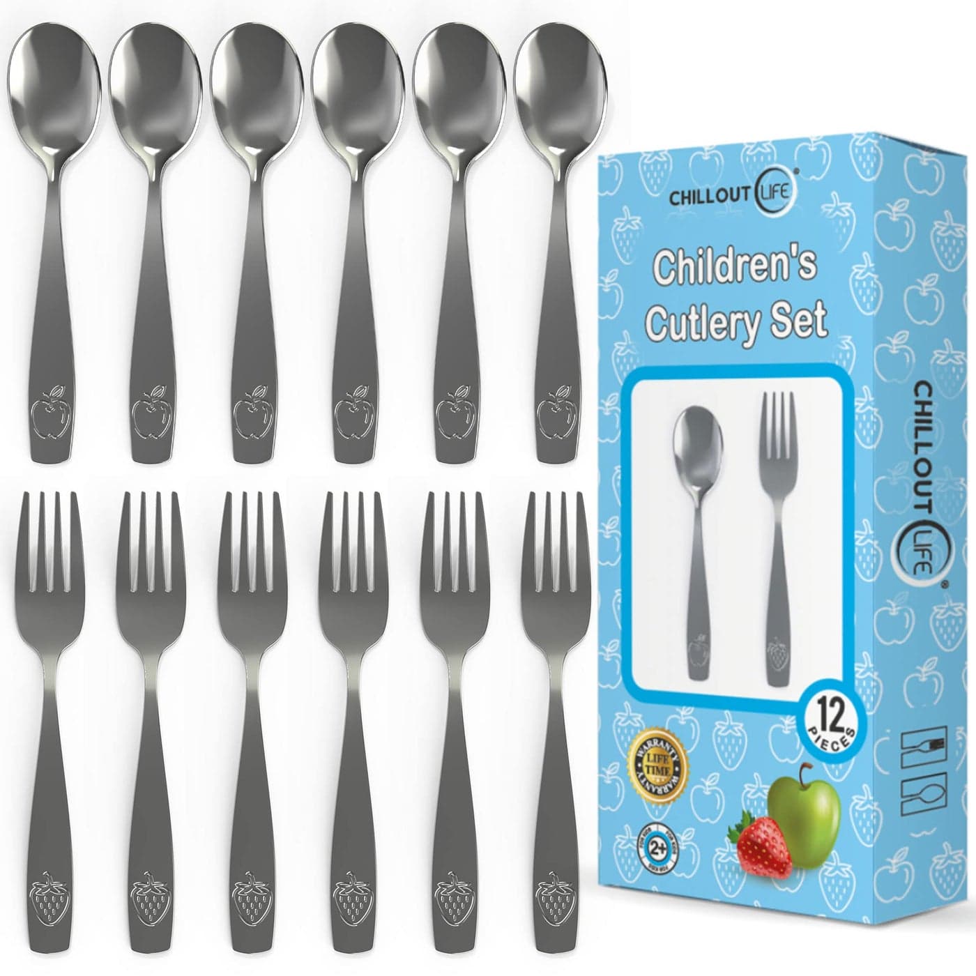CHILLOUT LIFE Stainless Steel Kids Silverware Set 12 Pieces Child and Toddler Safe Flatware Kids Utensil Set Metal Kids Cutlery Set Includes 6 Small Kids Spoons Kids 6 Forks