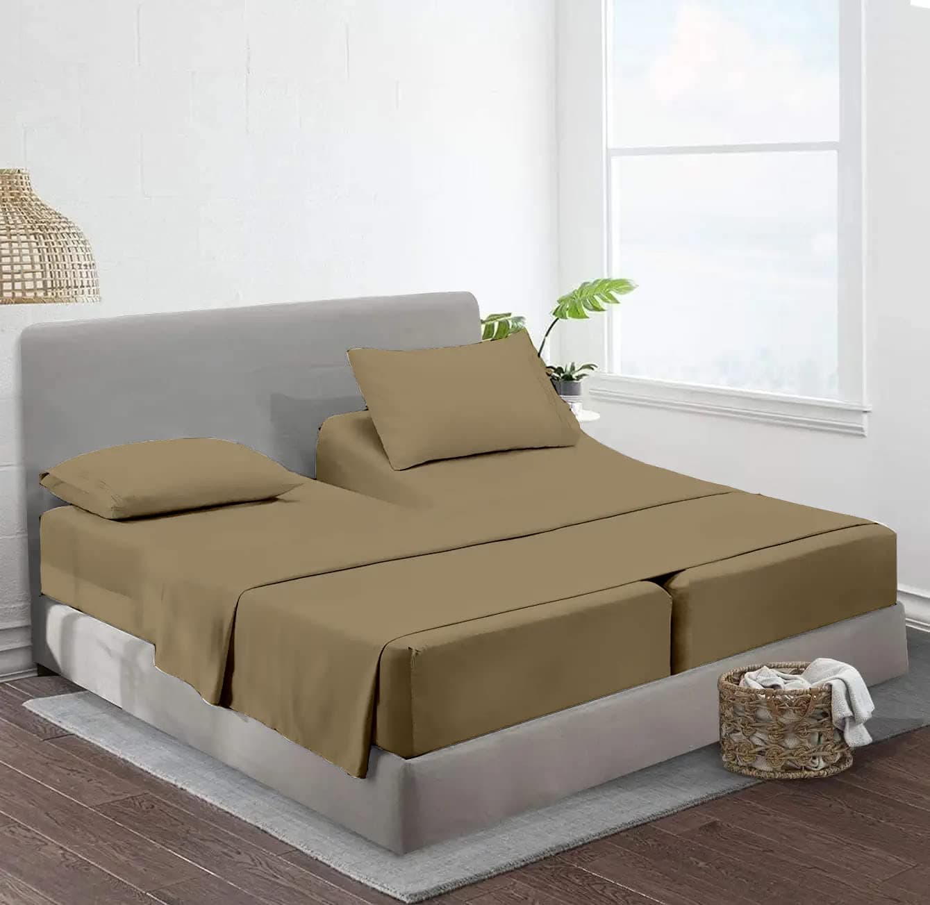 Split King Sheets Set for Adjustable Bed 5 Pcs Cotton Deep Pocket Sheets Twin XL Taupe 16 Inch