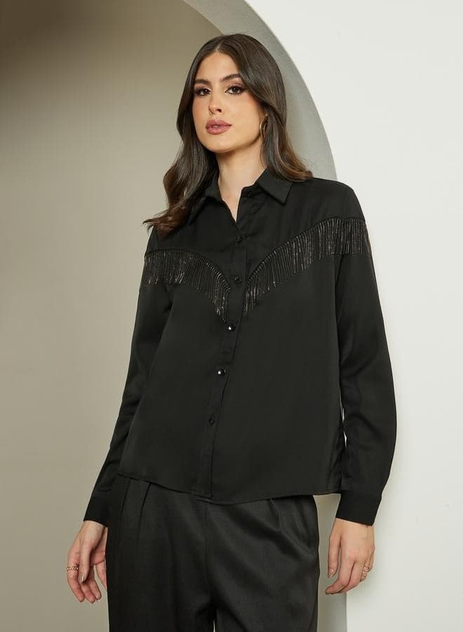 Suede Look Spread Collar Shirt With Fringes Detail