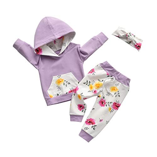 Eghunooy Baby Girl Clothes Long Sleeve Floral Hoodie Sweatshirt Pants with Pocket Headband Outfit Sets (6-9 Months) Purple