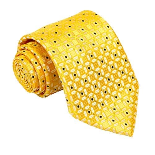 fortunatever Yellow Men's Handmade Tie,Checkered Pattern Necktie With Black Dots(58")