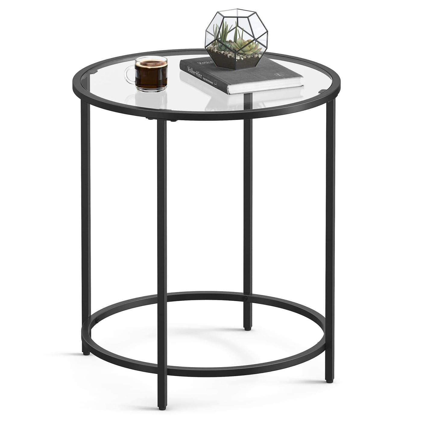 VASAGLE Round Side Table Glass End Table with Metal Frame Black Coffee Table with Modern Style for Living Room Balcony Bedroom Black