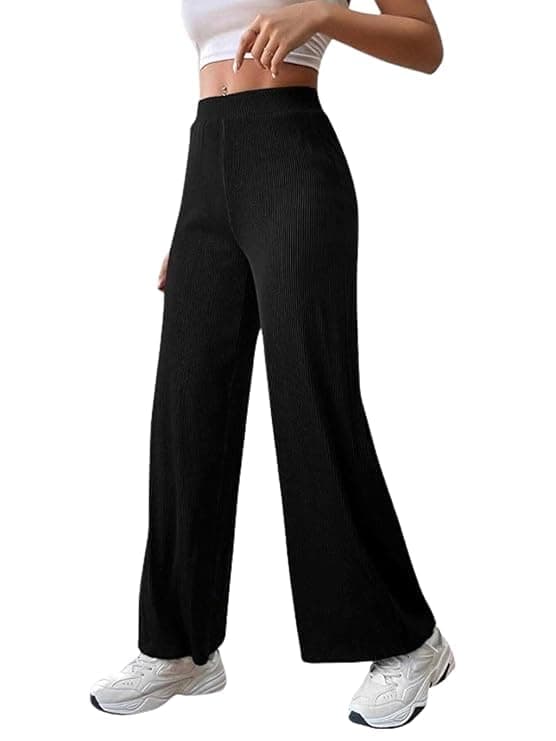 Style Go Women's Striped Wide-Leg Korean-Inspired Comfortable & Stylish Casual and Formal Trouser Pant (in, Alpha, 2XL, Regular, Black)
