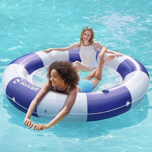 SLOOSH Inflatable Pool Lounger Float with Mesh 80 x 80 Tanning Pool Floats Double Lounger Round Ring for Adults Floating Mat Raft for Lake and Beach with Cup Holder Navyblue Strpie