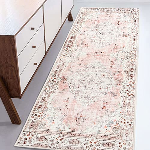 MUJOO Non Slip Boho Pink Runner Rug Machine Washable for Hallways Entryway Kitchen Bathroom Bedside Retro Soft LowPile 2x6 Blossom