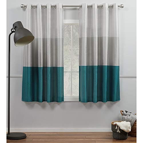 EXCLUSIVE HOME Chateau Striped Faux Silk Grommet Top Curtain Panel Pair 54x63 Teal