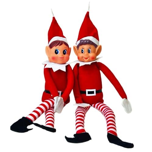 Glow Set of 2 Naughty Little Xmas Elves Playful Elf Figure with Soft Body Vinyl Face Hook and Loop Grip Elves Behavin Badly Christmas Family Elfie Elvie Toy Boy Girl