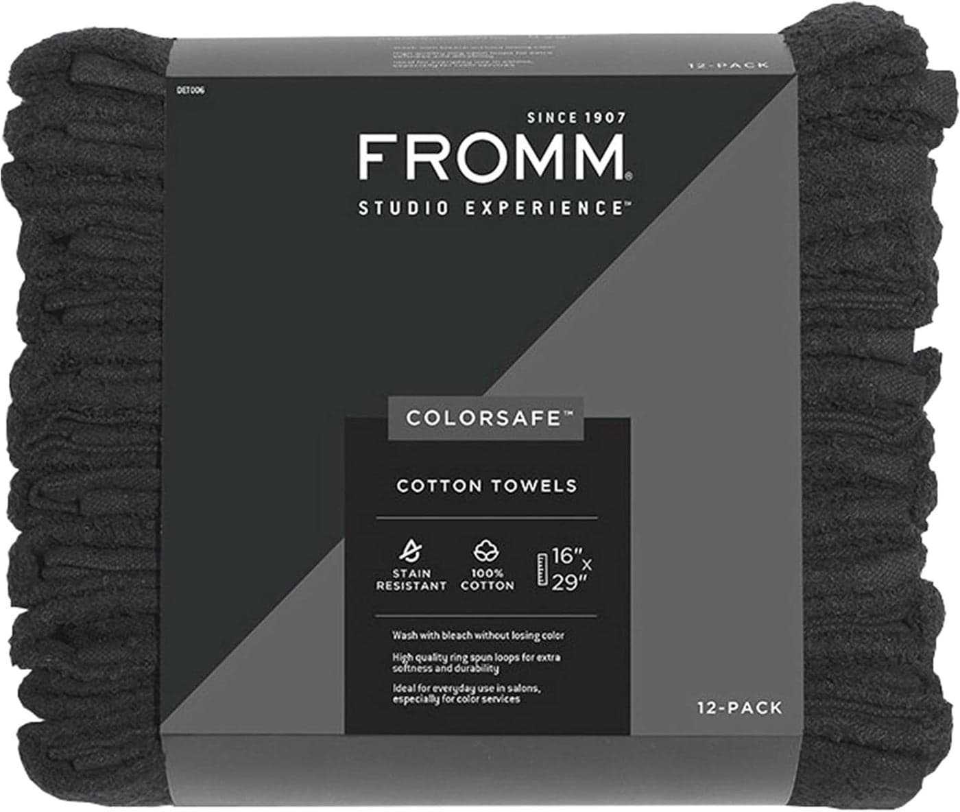 Fromm ColorSafe 100 Cotton Bleach Proof Salon Hair Towels for Hairstylists Barbers Spa Gym in Black 16 by 29 12 Count Absorbent Stain Resistant Towels for Drying Curly Long Wavy Hair