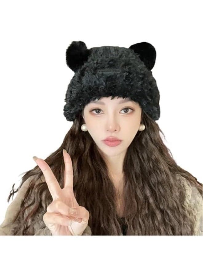 Women Winter Hats,Cute Plush Bear Ear Hats for Women Girls,Winter Warm Faux Fur Knitted Bucket Hats