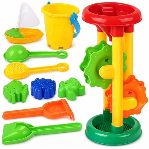 Liberty Imports Double Sand Water Wheel Tower Beach Toy Set wBuiltin Funnel Sieve Bucket Shovel Rake Animal Molds for Kids Toddlers Play