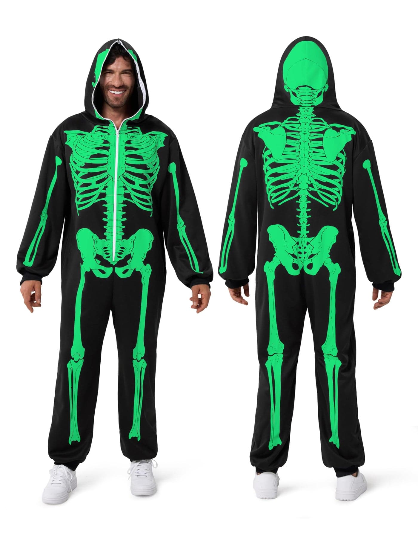 Spooktacular Creations Halloween Skeleton Pajama Glow in the Dark Adult Men Skeleton Costume Zip Up Hooded Jumpsuit Glow in the Dark Skull Costume for Adult Men Halloween Cosplay Themed Party