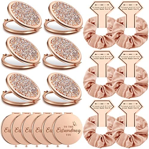 Chunful 6 Sets Bridesmaid Gifts for Women Include Rose Gold Compact Makeup Mirror with Satin Hair Ties Scrunchies Rhinestone Pocket Mirror for Bridal Shower Favors Bachelorette Party Gifts