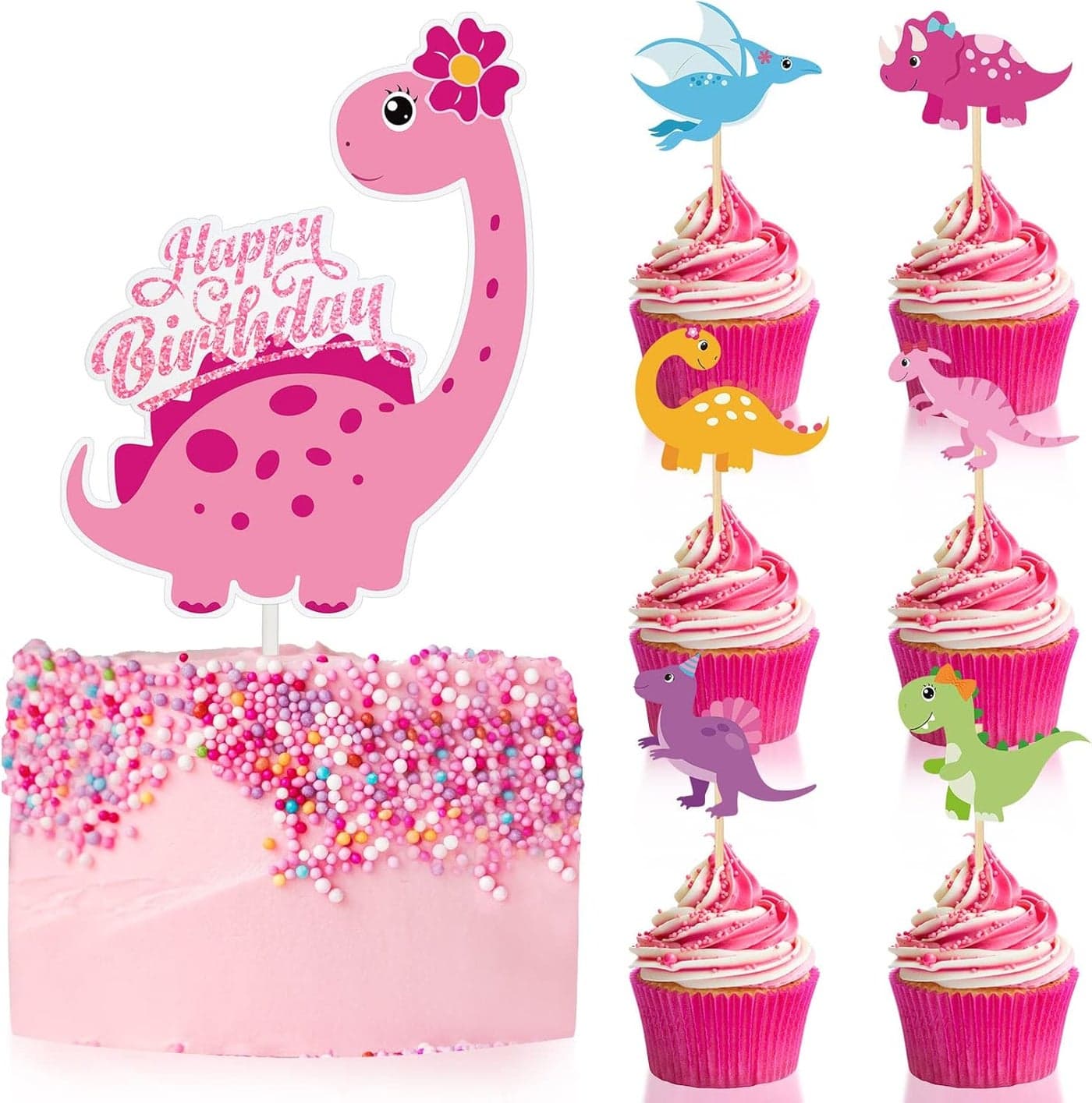 Containlol 37 Pieces Pink Dinosaur Cake Toppers for Girls Dinosaur Cupcake Toppers Girls Birthday Party Decorations Colorful Cake Decorations for Kids Birthday Girl Baby Shower Party Supplies