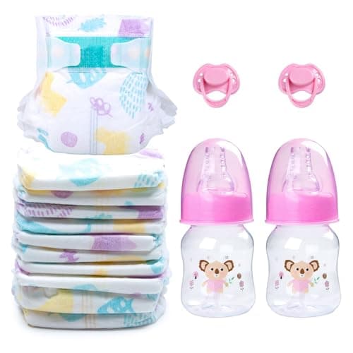14 pcs Reborn Baby Doll Accessories with Feeding Set Includes 10 Reborn Baby Doll Diaper 2 Feeding Bottles and 2 Babydolls Pacifier Accessories