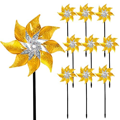 Hausse 10 Pack Reflective Pinwheels with Stakes, Extra Sparkly Pin Wheel for Garden Decor, Bird Repellent Devices Deterrent to Scare Birds Away from Yard Patio Farm, Golden