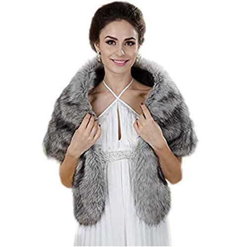 Aukmla Women's Wedding Fur Wraps and Shawls Bridal Fur Stoles Scarf with Rhinestones Brooch for Bride and Bridesmaids (Grey, US 4-14 (S-M))