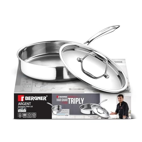 BERGNER Argent Triply Stainless Steel 22cm (1.8 L) Sautepan with Stainless Steel Lid, Sturdy Stay Cool Cast Handle, Healthy Cooking, Less Oil Use, Food Safe, Durable - Induction and Gas Stove Ready