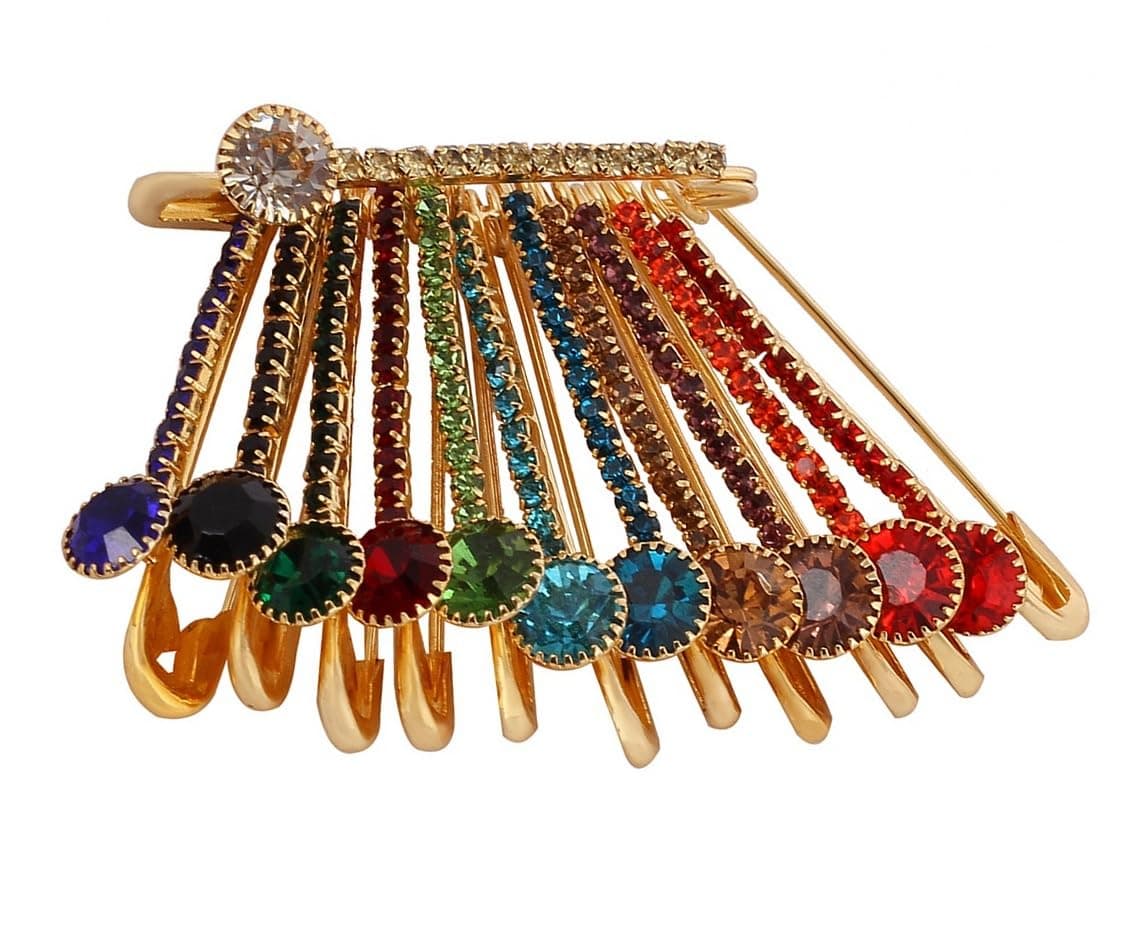 VAMA FASHIONS Golden Multicolored Crystal Stone Multi-purpose Sarees Brooch Coat Dress Gown Shawl Bridal Safety pins for Women Girls (Multicolour brooch Pin)