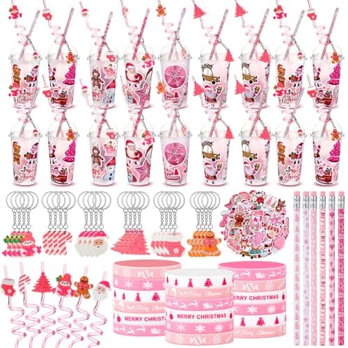Seenelling 24 Set Pink Christmas Stationery Party Favors for Students Xmas Gift Cups Filler with Keychain Pencil Straw Silicone Bracelet for Stocking Stuffers Classroom Gift Exchange Goodie Bag Filler