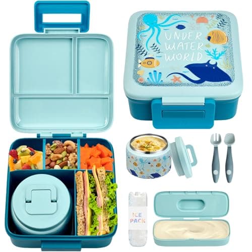 JXXM Bento Lunch Box for Kids with 8oz Soup ThermoLeakProof Lunch Containers with 5 CompartmentThermo Food Jar Food Containers for School BlueOctopus
