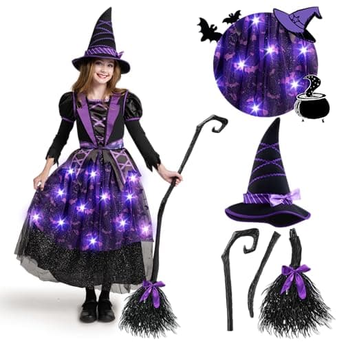 Spooktacular Creations Halloween Witch Costume Kids Light Up Witch Dress with Hat and Broom for Girls Toddlers Bat Outfit Set for Halloween Costumes Role Play Parties Purple 3T34 yrs